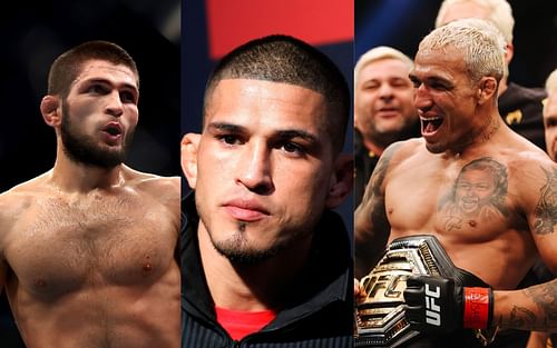 Khabib Nurmagomedov (left), Anthony Pettis (center), and Charles Oliveira (right). [Image courtesy: Getty Images]