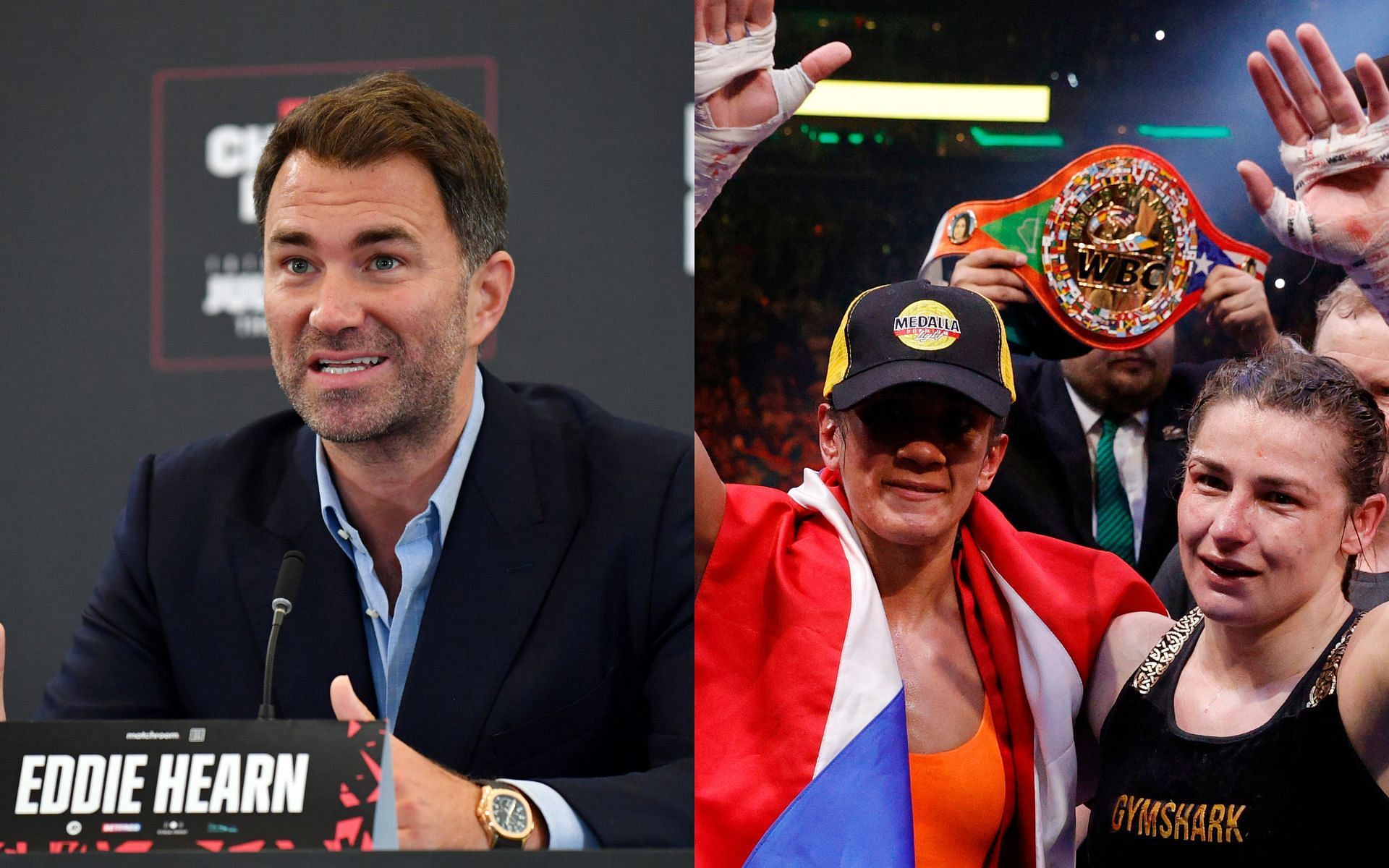 Eddie Hearn (left) and Katie Taylor with Amanda Serrano (right) (Image credits Getty Images)