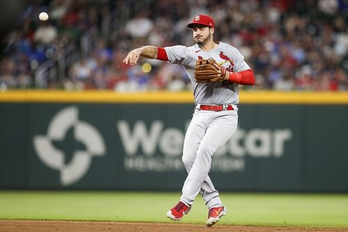 Nolan Arenado makes a play during a St. Louis Cardinals v Atlanta Braves game.