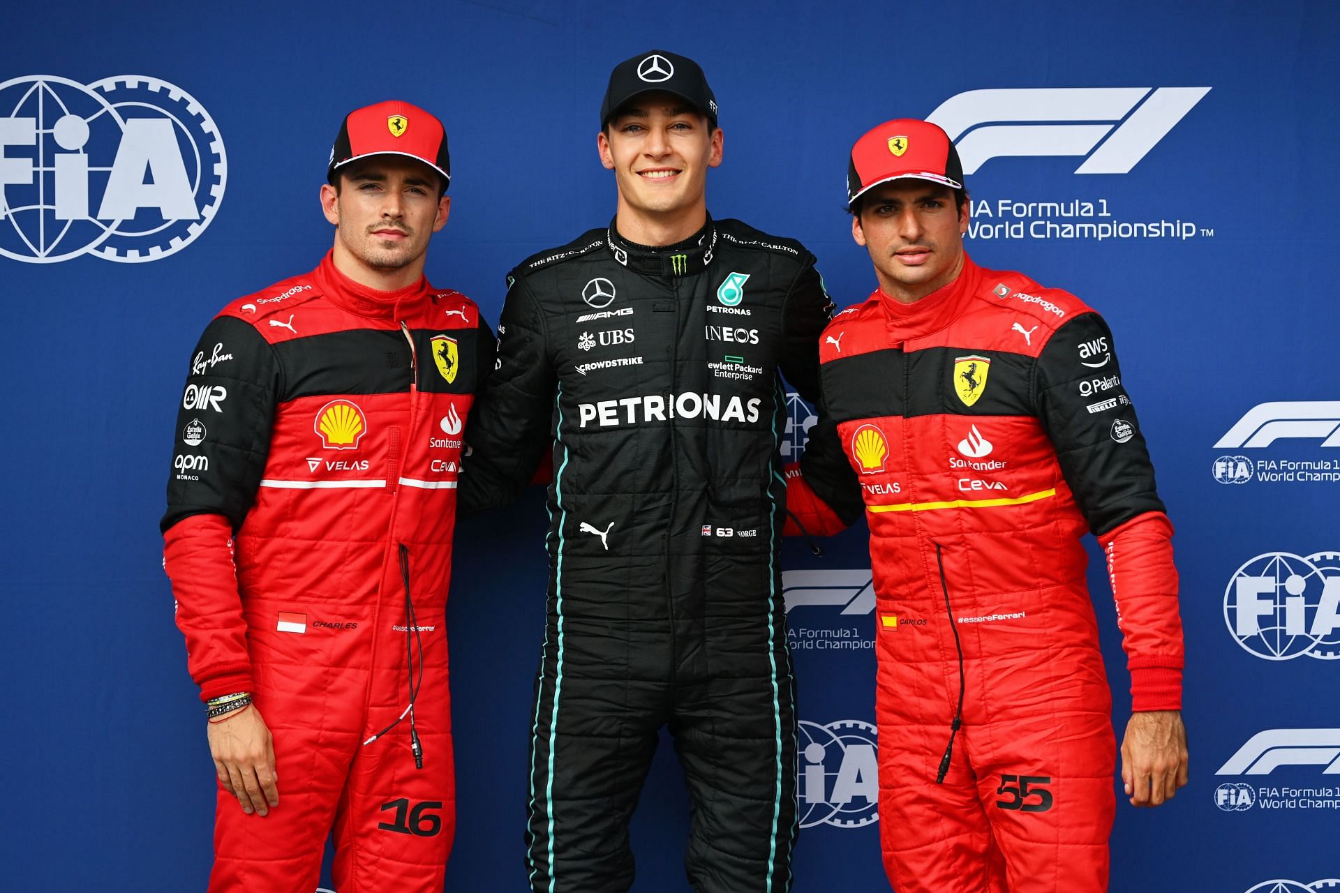 F1 Grand Prix of Hungary - Qualifying - (L to R) Charles Leclerc, George Russell, and Carlos Sainz at Hungaroring