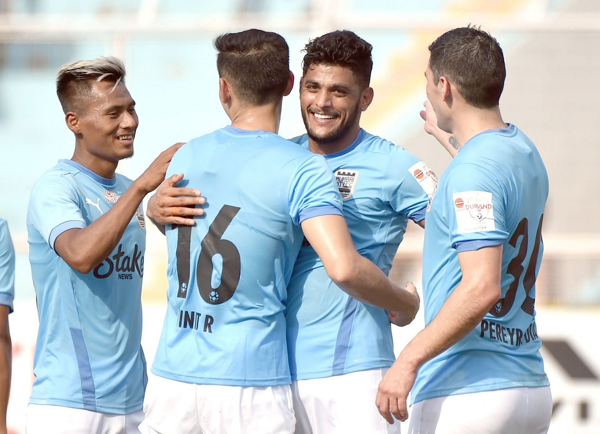 Mumbai City FC players celebrating their goal against Rajasthan United FC. (Image Courtesy: Durand Cup)