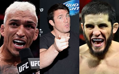 Charles Oliveira (L), Chael Sonnen (M), and Islam Makhachev (R) [Image credit: Chris Unger and Jeff Bottari/Zuffa LLC]