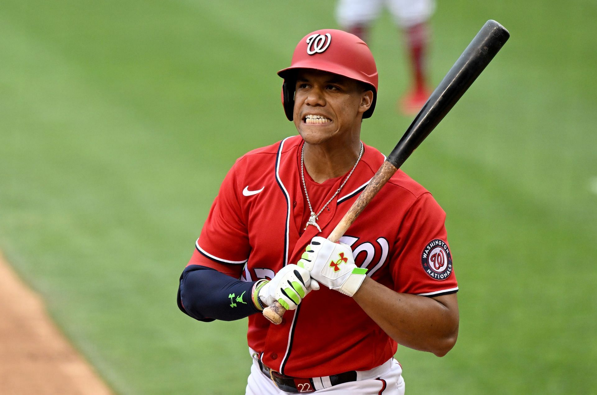 Juan Soto of the Washington Nationals reacts to being called out on strikes.
