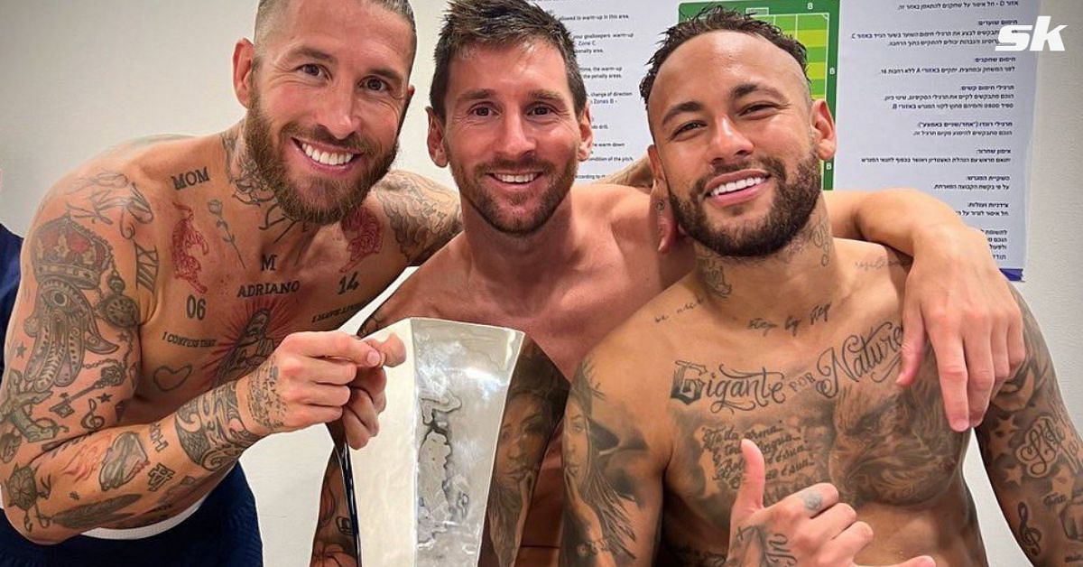 Sergio Ramos (left), Lionel Messi (center) and Neymar Jr. (right) with the Trophee des Champions