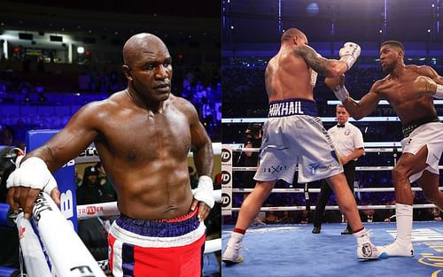 Evander Holyfield (L), and Anthony Joshua vs. Oleksandr Usyk (R).