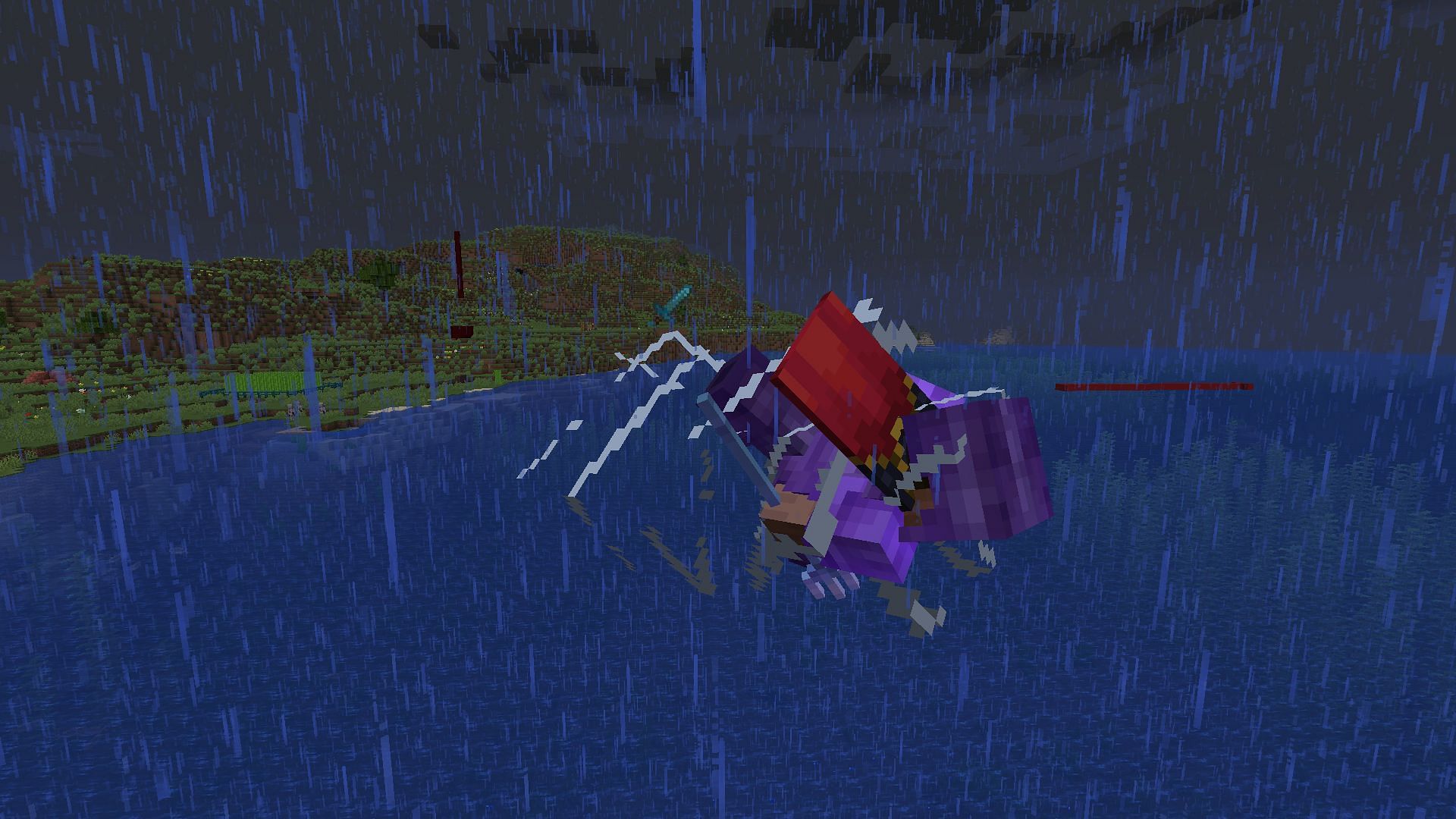 A player using riptide to fly in the rain, togglable with console commands (Image via Minecraft)