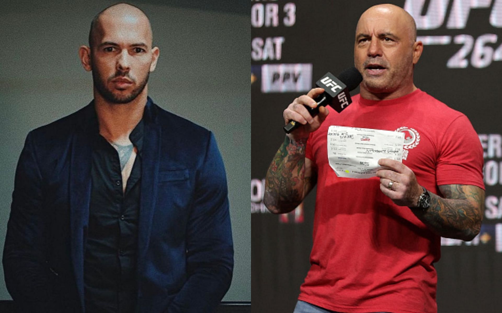 Andrew Tate (L) and Joe Rogan (R) [ Images via Getty Images and @CobraTate /Instagram ]