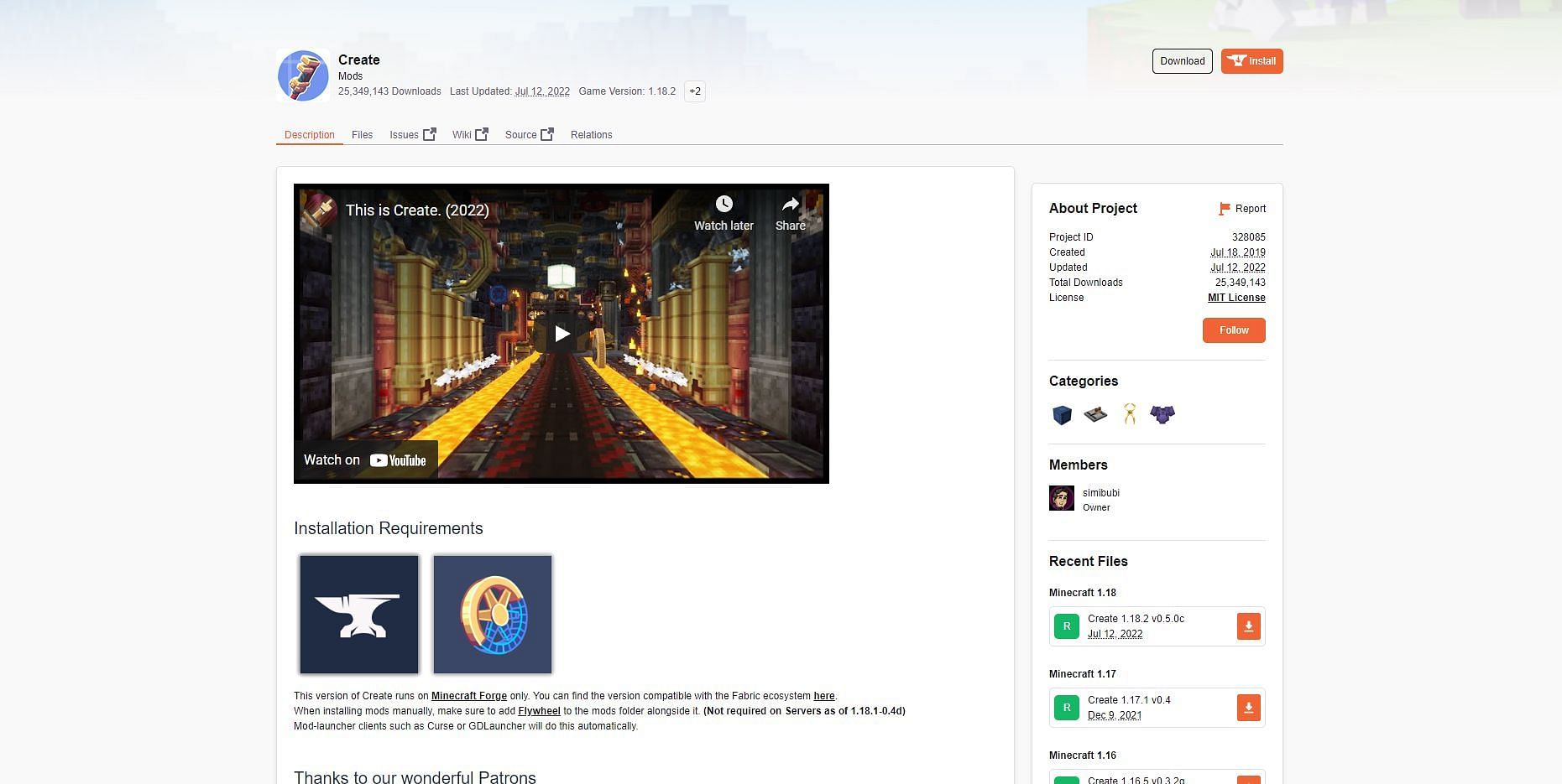 The Create mod&#039;s page on the CurseForge website (Image via CurseForge)