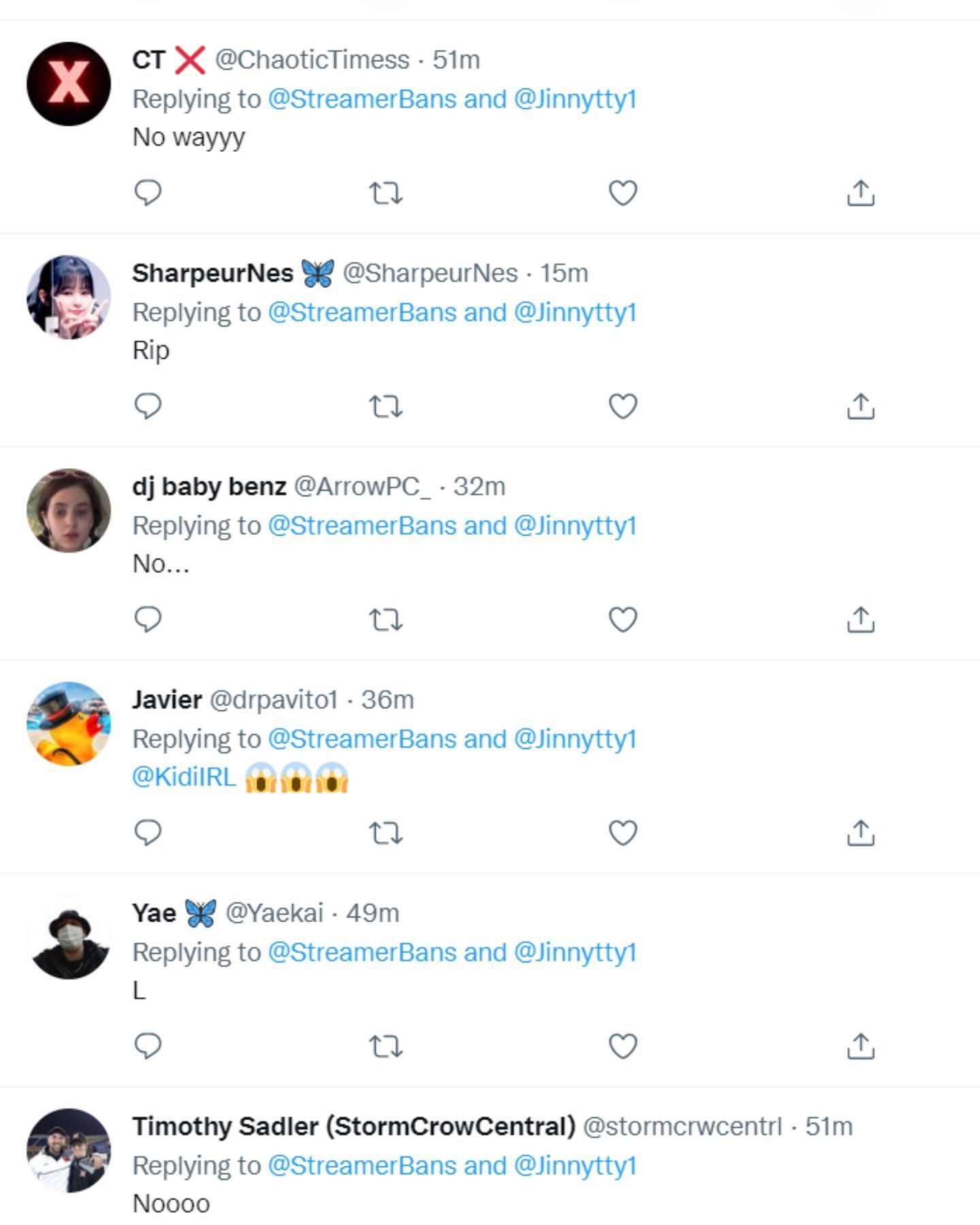 Fans react to Jinnytty&#039;s third ban (Image via StreamerBans/Twitter)