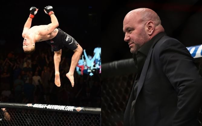 "Dana White shi**ing himself rn" - Fans hilariously react to Justin Gaethje backflipping off an empty UFC octagon