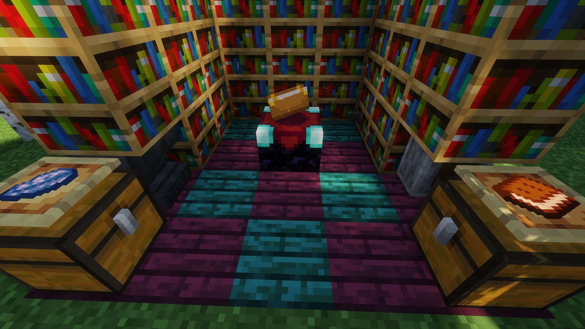 A fully equipped level 30 enchanting setup (Image via Minecraft)