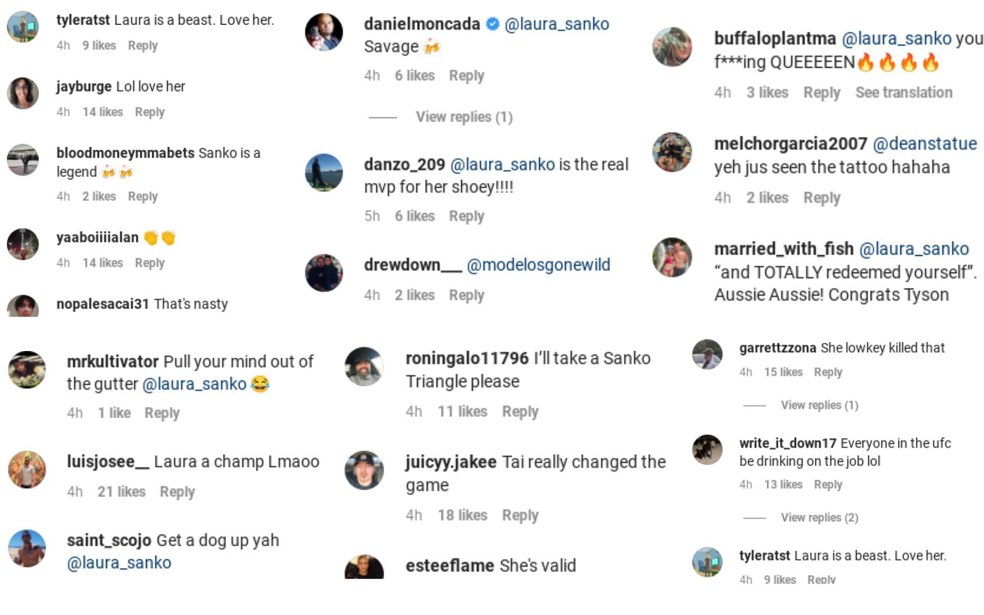 Fans entertained by Tyson Pedro and Laura Sanko keeping up with the shoey tradition introduced by Tai Tuivasa [Images via @ufc on Instagram]