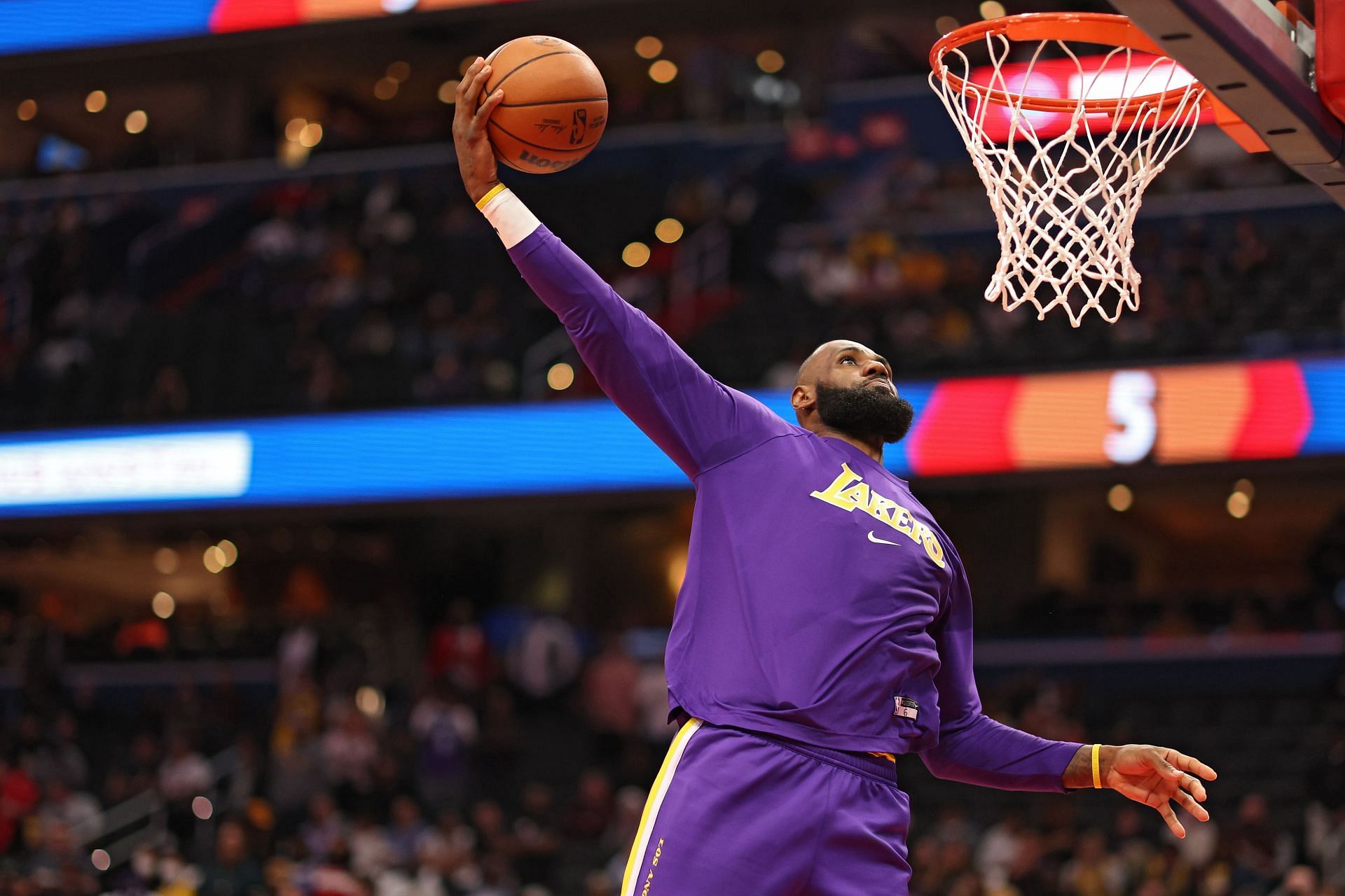 LeBron James warms up before Los Angeles Lakers v Washington Wizards