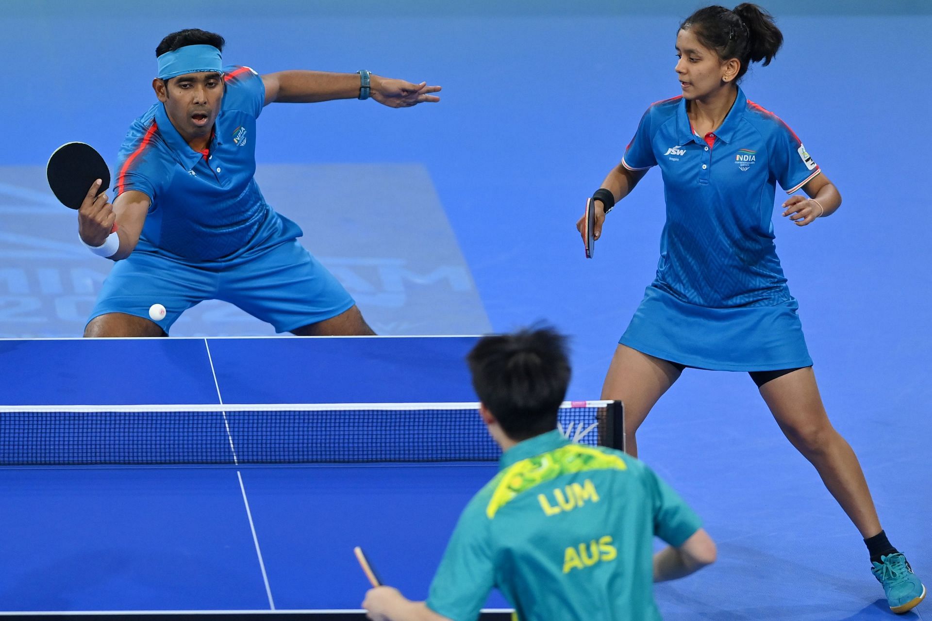 Achanta Sharath Kamal (left) and Sreeja Akula in action at CWG 2022. (PC: Getty Images)