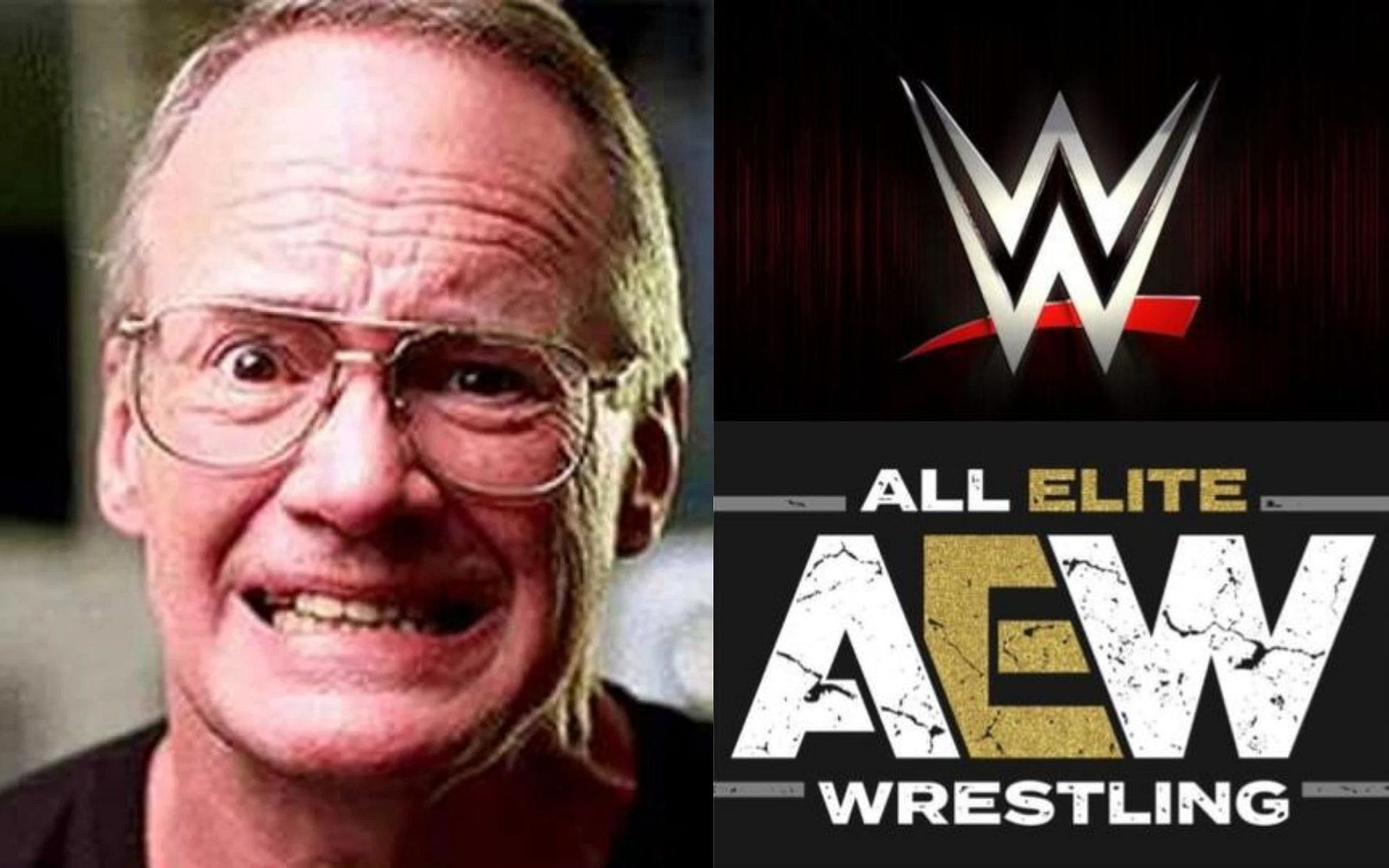 Jim Cornette (left) and AEW and WWE logos (right).