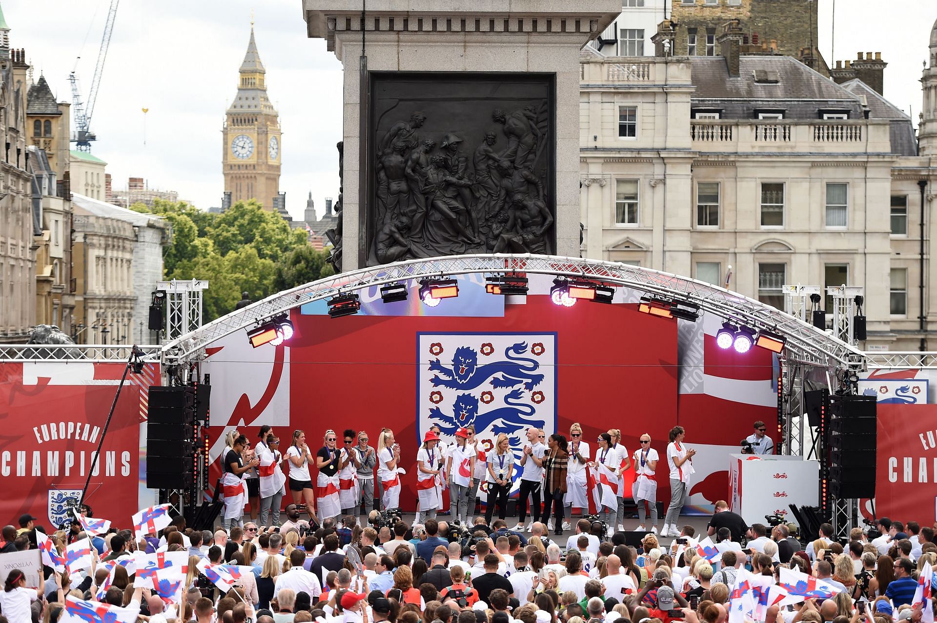 The Lionesses Lift The UEFA Women&#039;s Euro Trophy In Victory Celebration For Fans