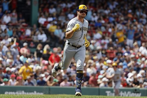 Hunter Renfroe of the Brewers in a game vs. the Boston Red Sox