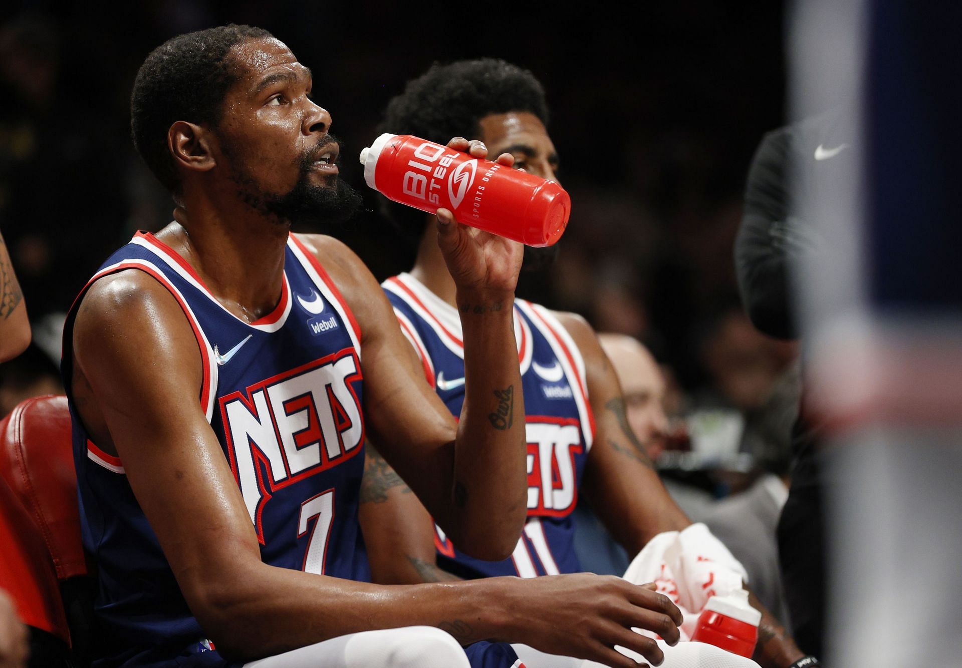 Kevin Durant on the Brooklyn Nets bench