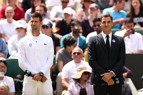 Novak Djokovic (L) and Roger Federer at the centenary celebrations of the Wimbledon Centre Court.