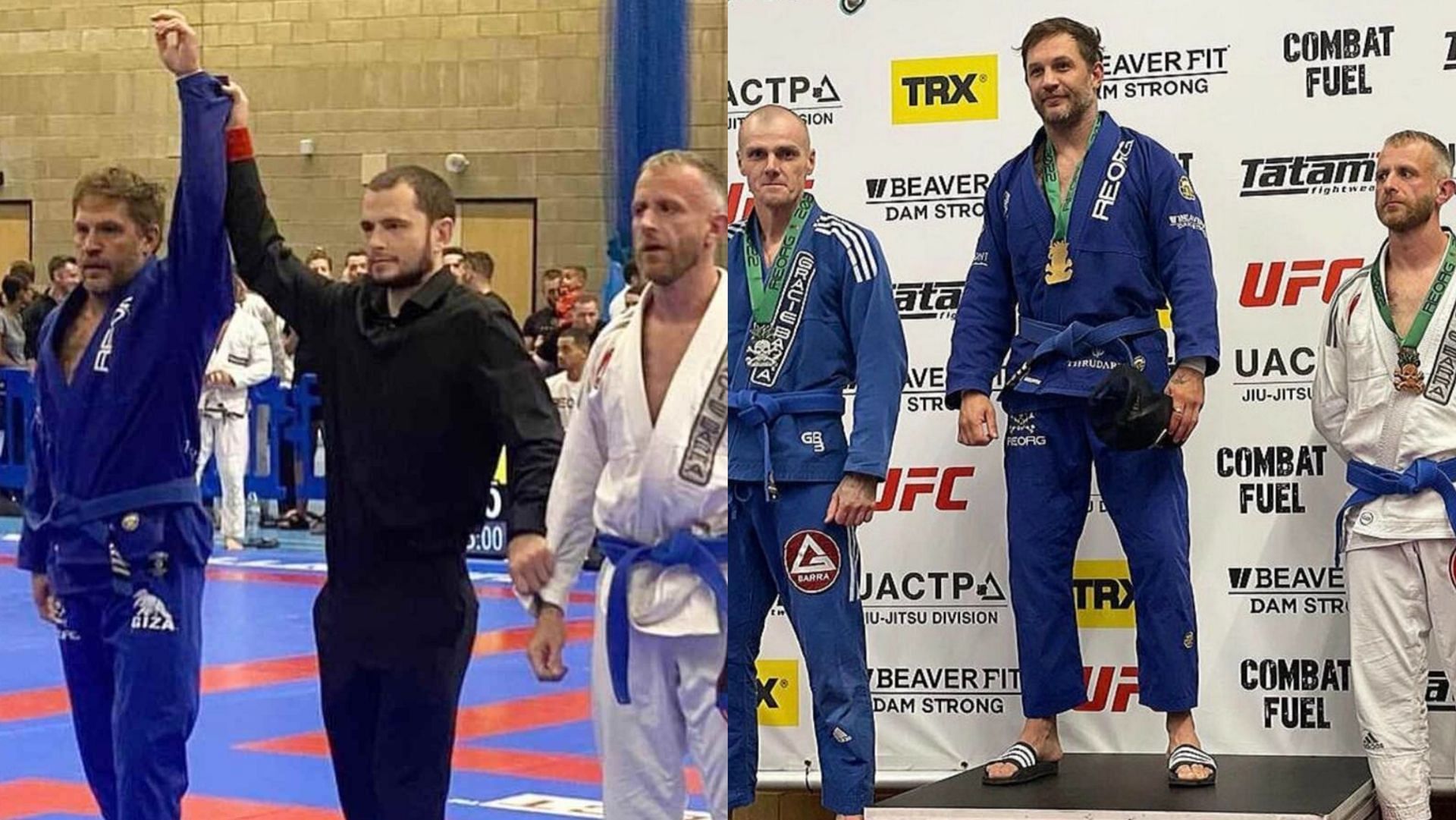 Tom Hardy wins two gold medals at Jiu-Jitsu competition (Image via geoffpavey/TikTok, and RosssEdmonds/Twitter)