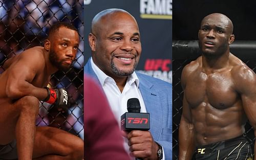 Leon Edwards (left), Daniel Cormier (middle) and Kamaru Usman (right)