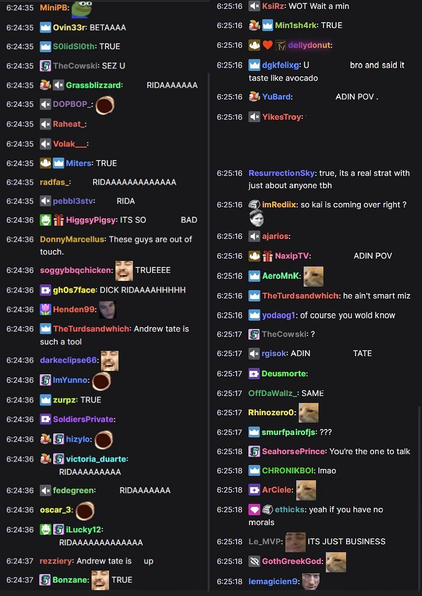 Fans in the Twitch chat reacting to the streamer&#039;s statements (Images via Mizkif/Twitch)