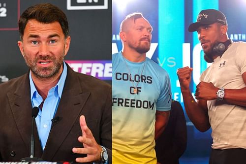 Eddie Hearn (L) predicts the outcome of Oleksandr Usyk (M) vs. Anthony Joshua (R)