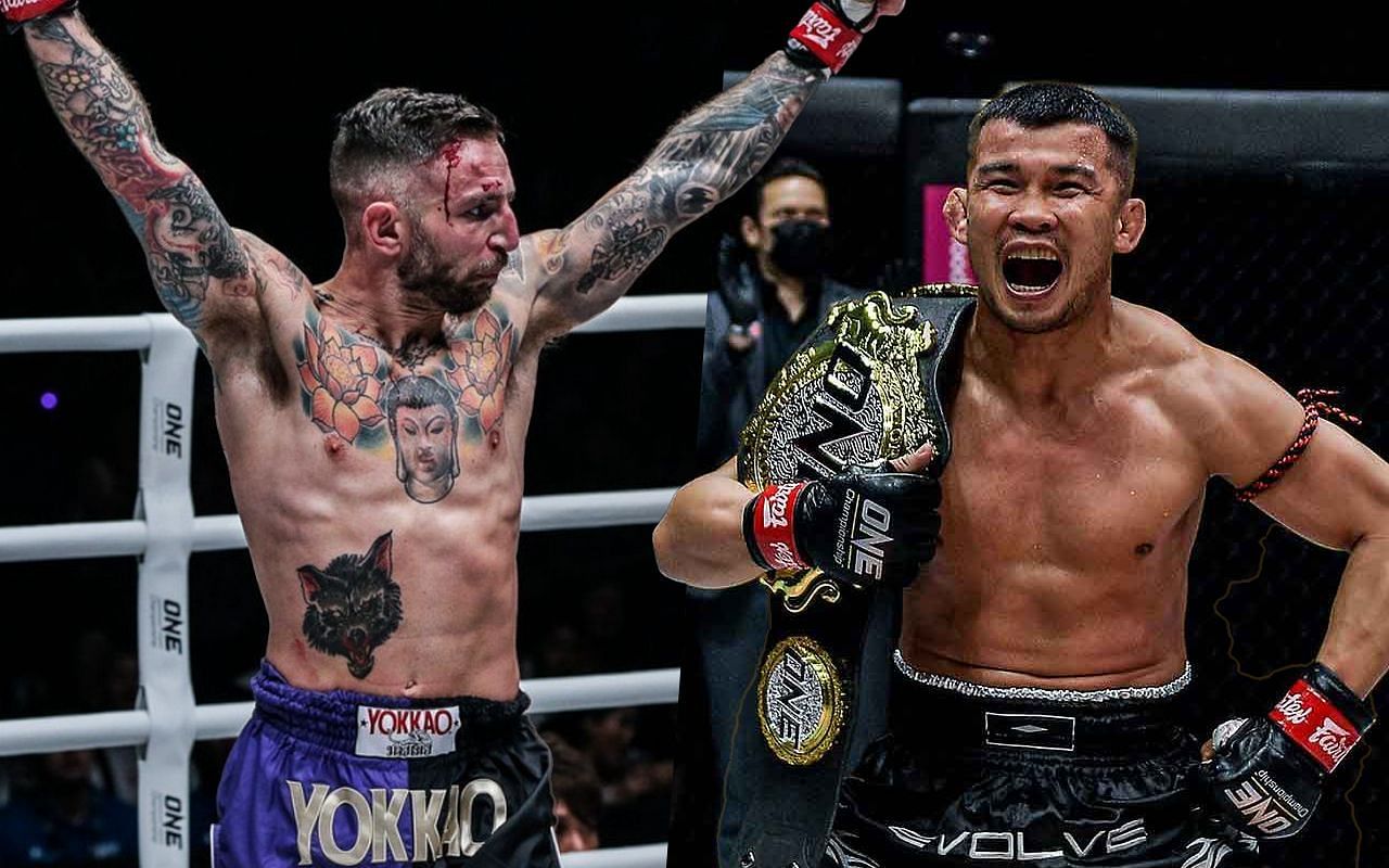 Liam Harrison (left) will challenge Nong-O Gaiyanghadao (right) for his ONE bantamweight Muay Thai world title at ONE on Prime Video 1. (Image courtesy of ONE)