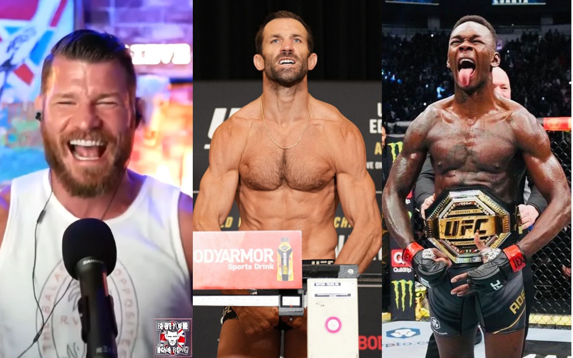 Michael Bisping (left), Luke Rockhold (center), Israel Adesanya (right) [Images courtesy: Michael Bisping YouTube, Getty, and @stylebender via Instagram]