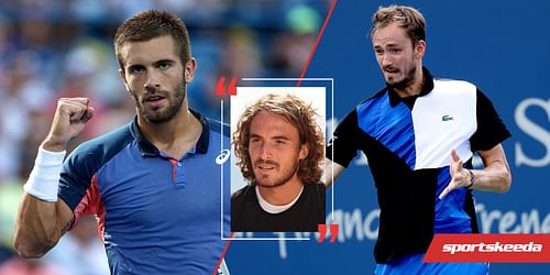 Stefanos Tsitsipas (C) compares Borna Coric (L) to Daniil Medvedev (R)