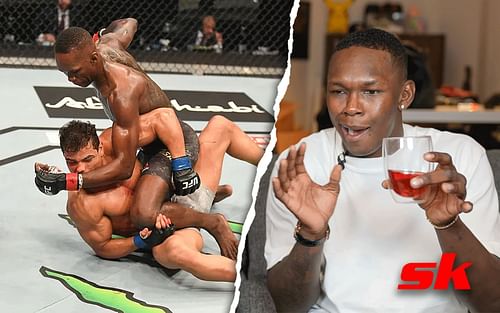 Israel Adesanya vs Paulo Costa (left) and Israel Adesanya's mockery (right). [Images courtesy: left image from mmafighting.com, right image from Adesanya's YouTube channel]