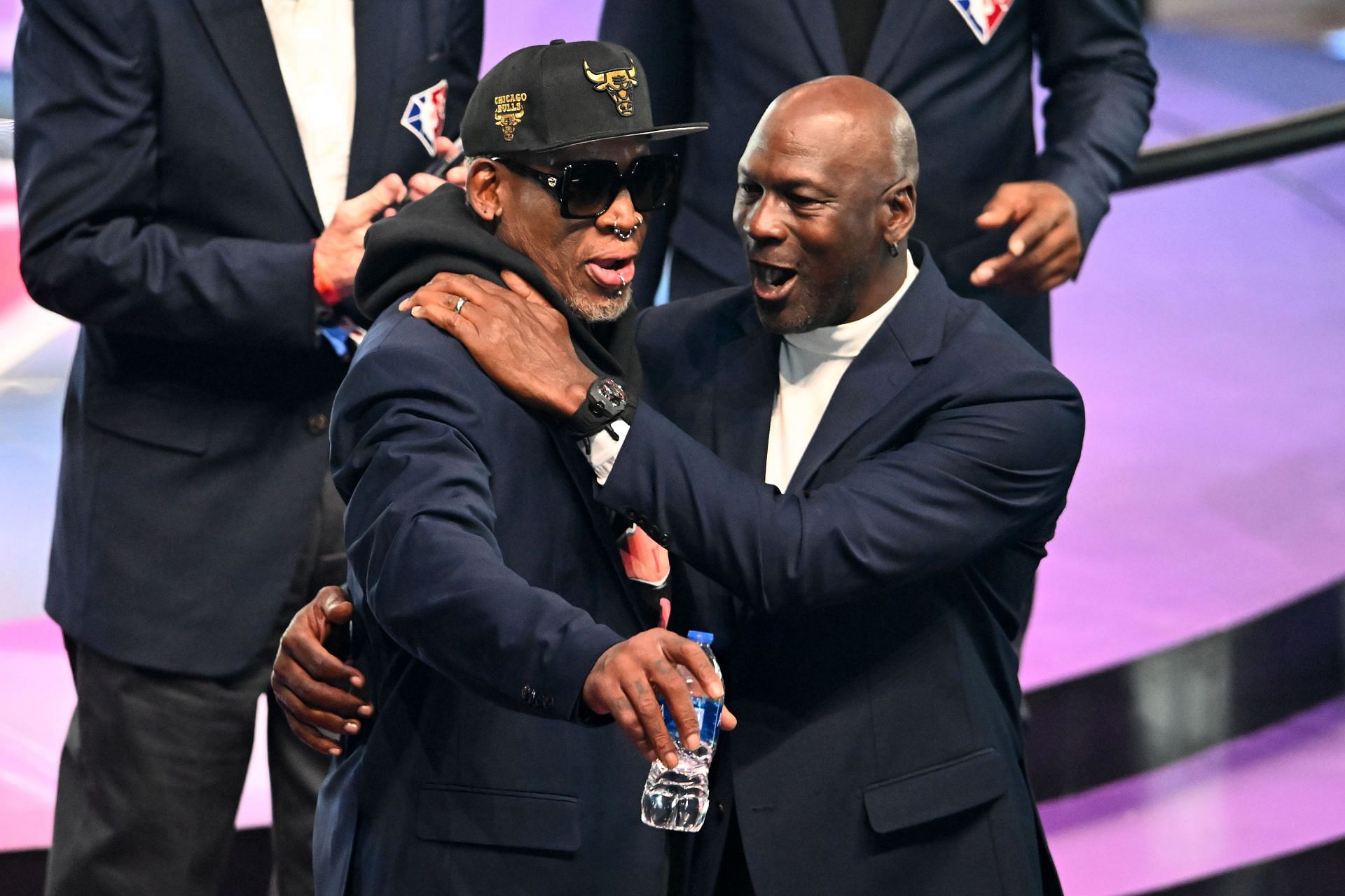 Jordan and Pippen after being introduced on the NBA 75th Anniversary team