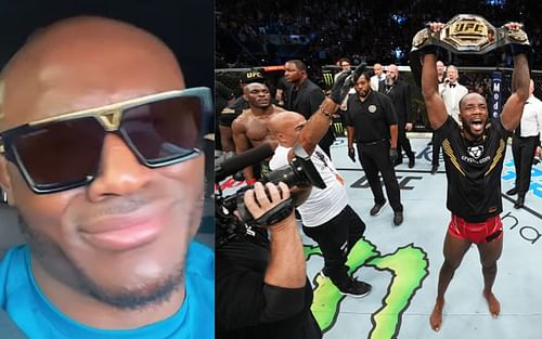 Kamaru Usman (left) and Leon Edwards celebrating after UFC 278 (right)