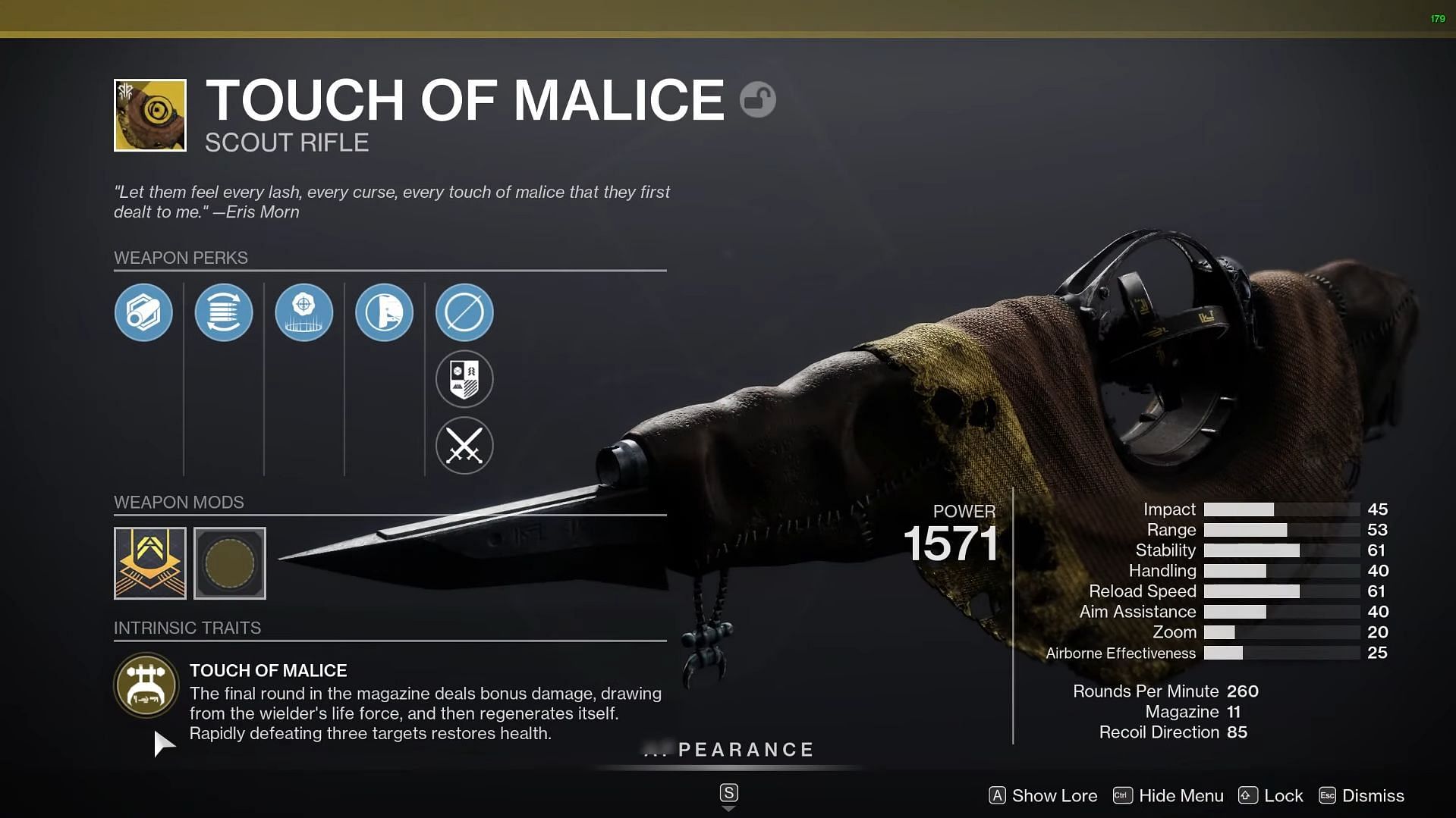 Touch of Malice Exotic Scout Rifle in Destiny 2 (Image via Bungie)