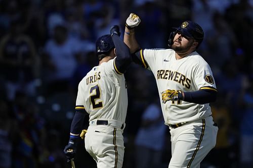 Luis Urias and Rowdy Tellez of the Brewers