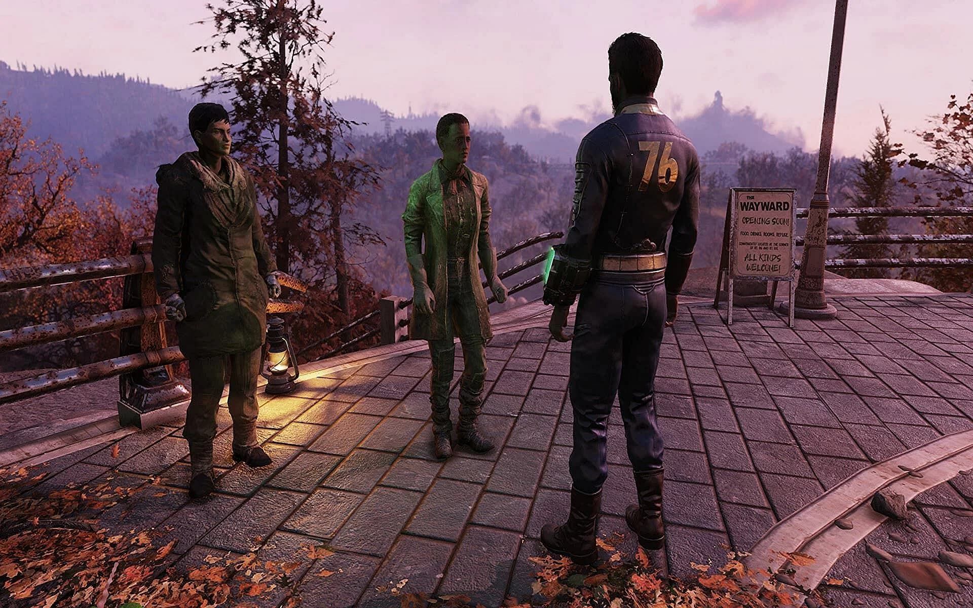 A player interacts with some Settlers in Fallout 76 (Image via Bethesda)