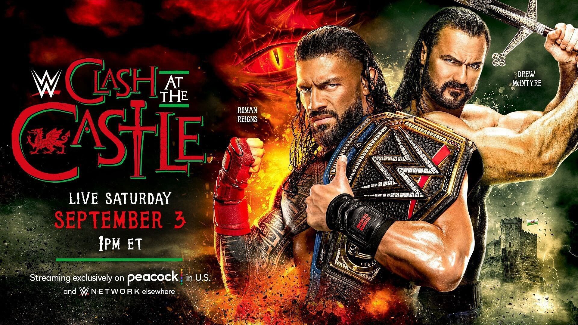 WWE Clash at the Castle poster featuring Drew McIntyre &amp; Roman Reigns