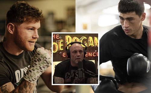 Canelo Alvarez (left), Joe Rogan (middle), and Dmitry Bivol (right) [Images via @canelo, @joerogan, and @bivol_d on Instagram]