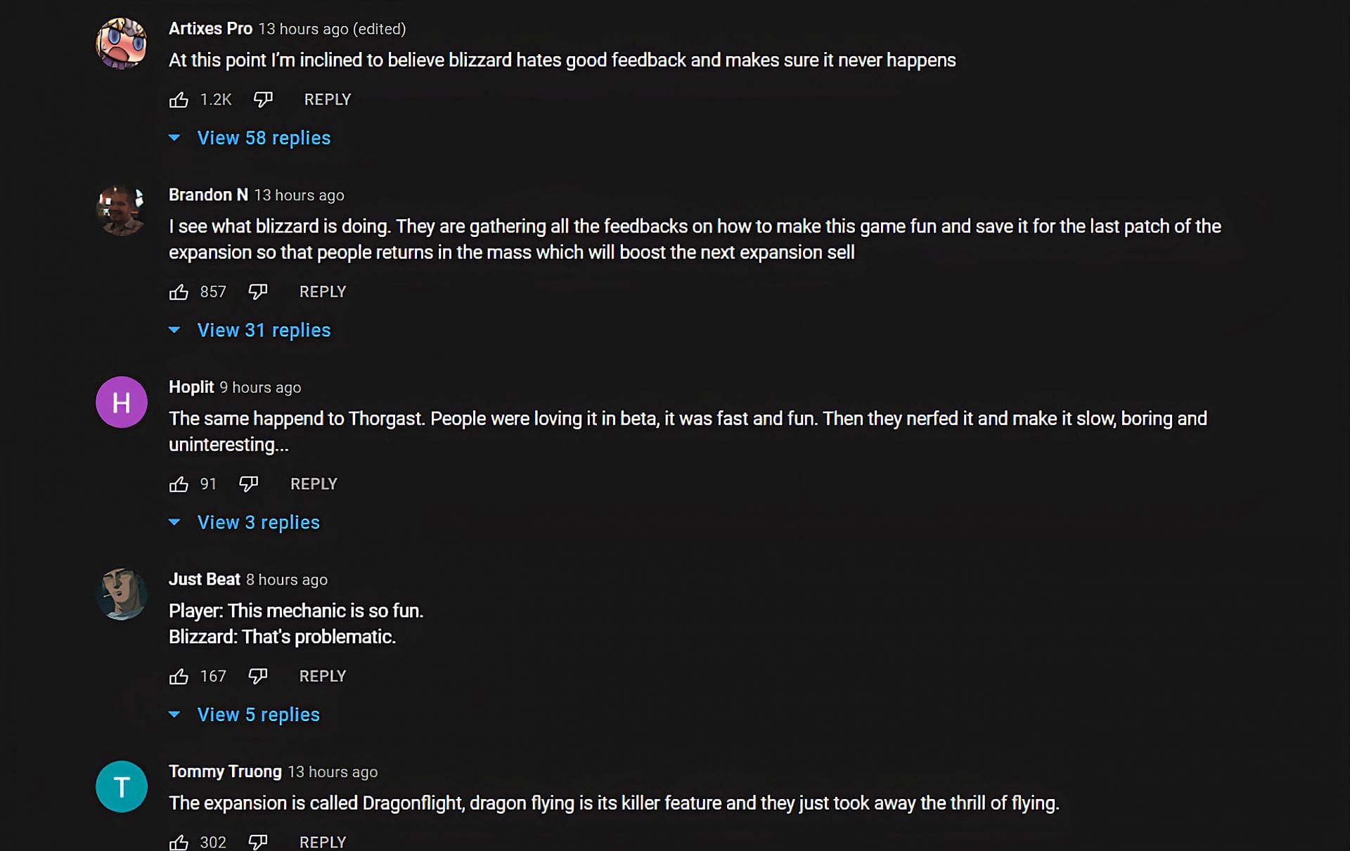 YouTube comments about Blizzard&#039;s nerf policy (Image via Asmongold Clips/YouTube)
