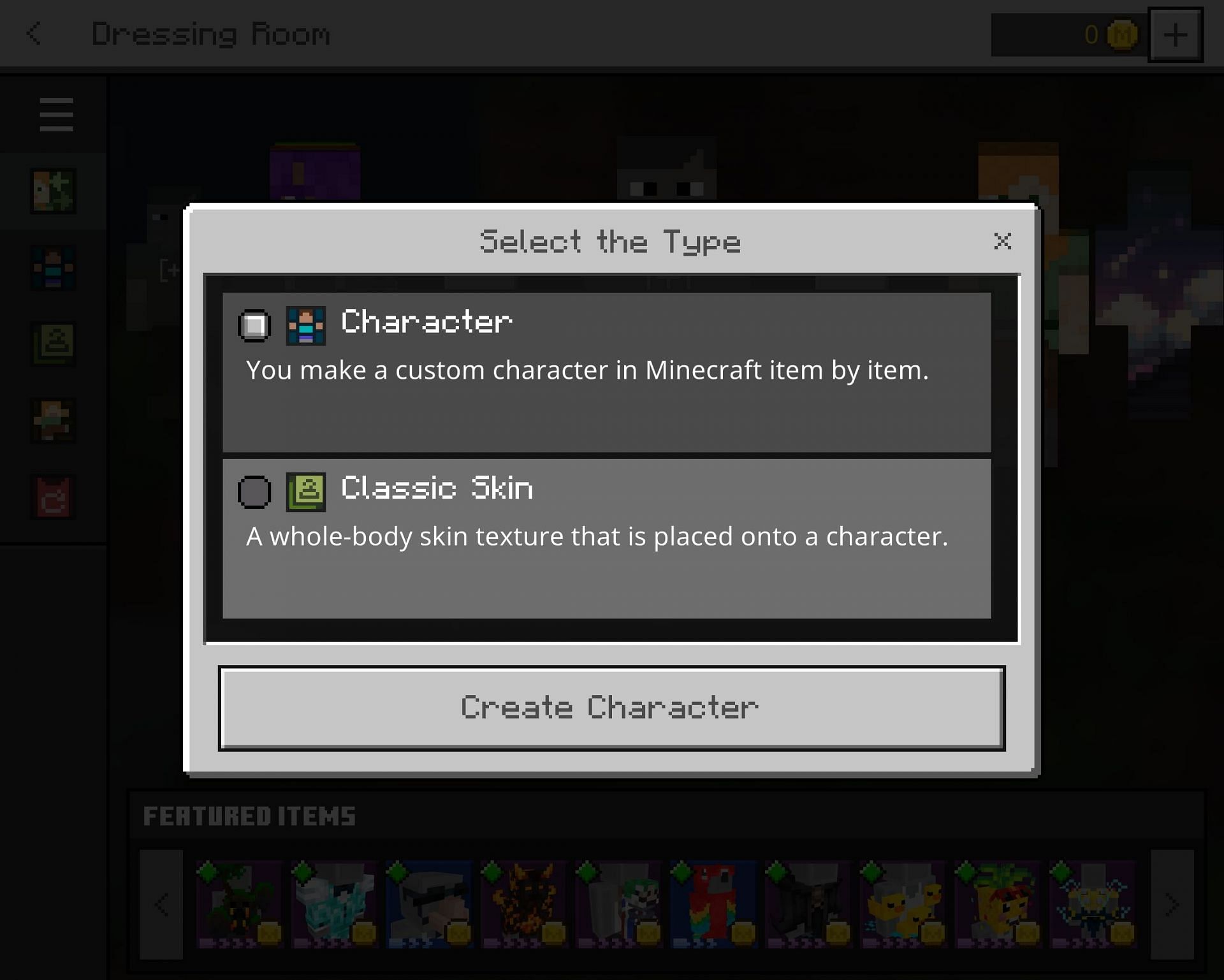 The character type dialogue box (Image via Minecraft)