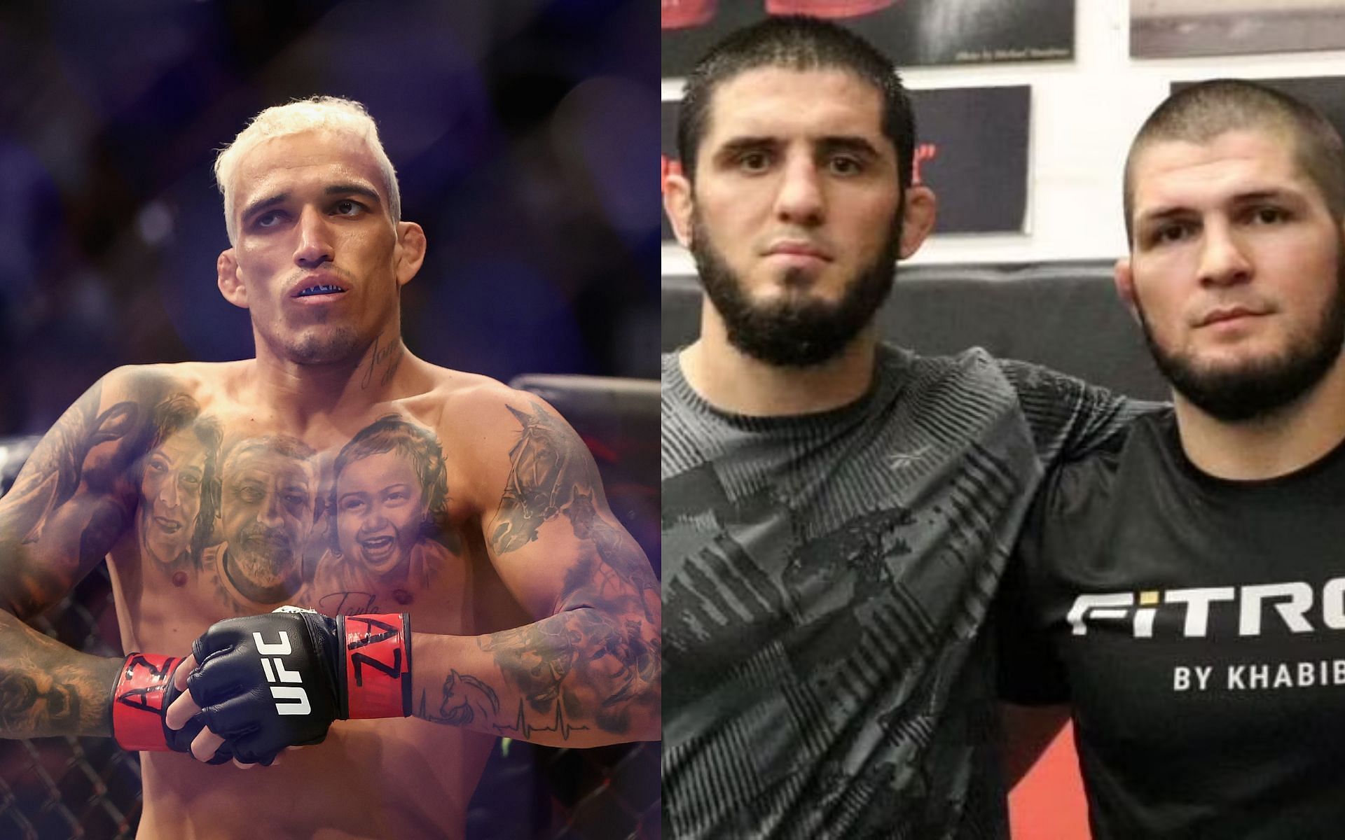 Charles Oliveira (L) opened up on why he branded Islam Makhachev (C) and his team as arrogant [Image credits: Getty and @khabib_nurmagomedov on Instagram]