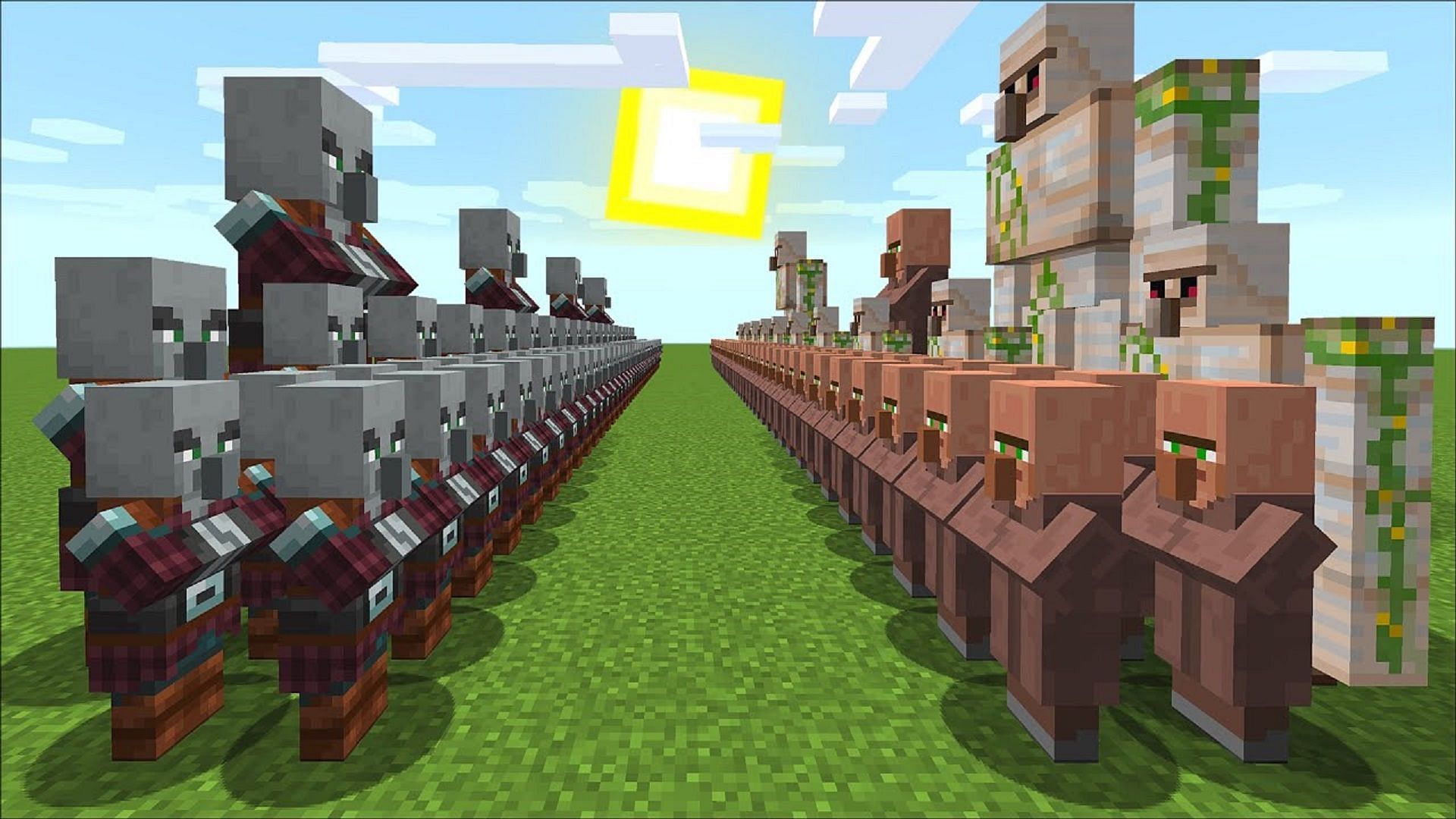 Pillagers facing off against villagers in Minecraft (Image via MC Naveed)