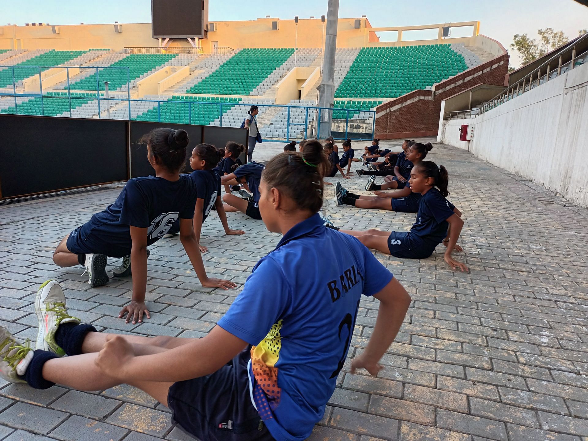Sports Authority of Gujarat Academy players going through cool down routine after their match on Thursday in the Khelo India U-16 tournament