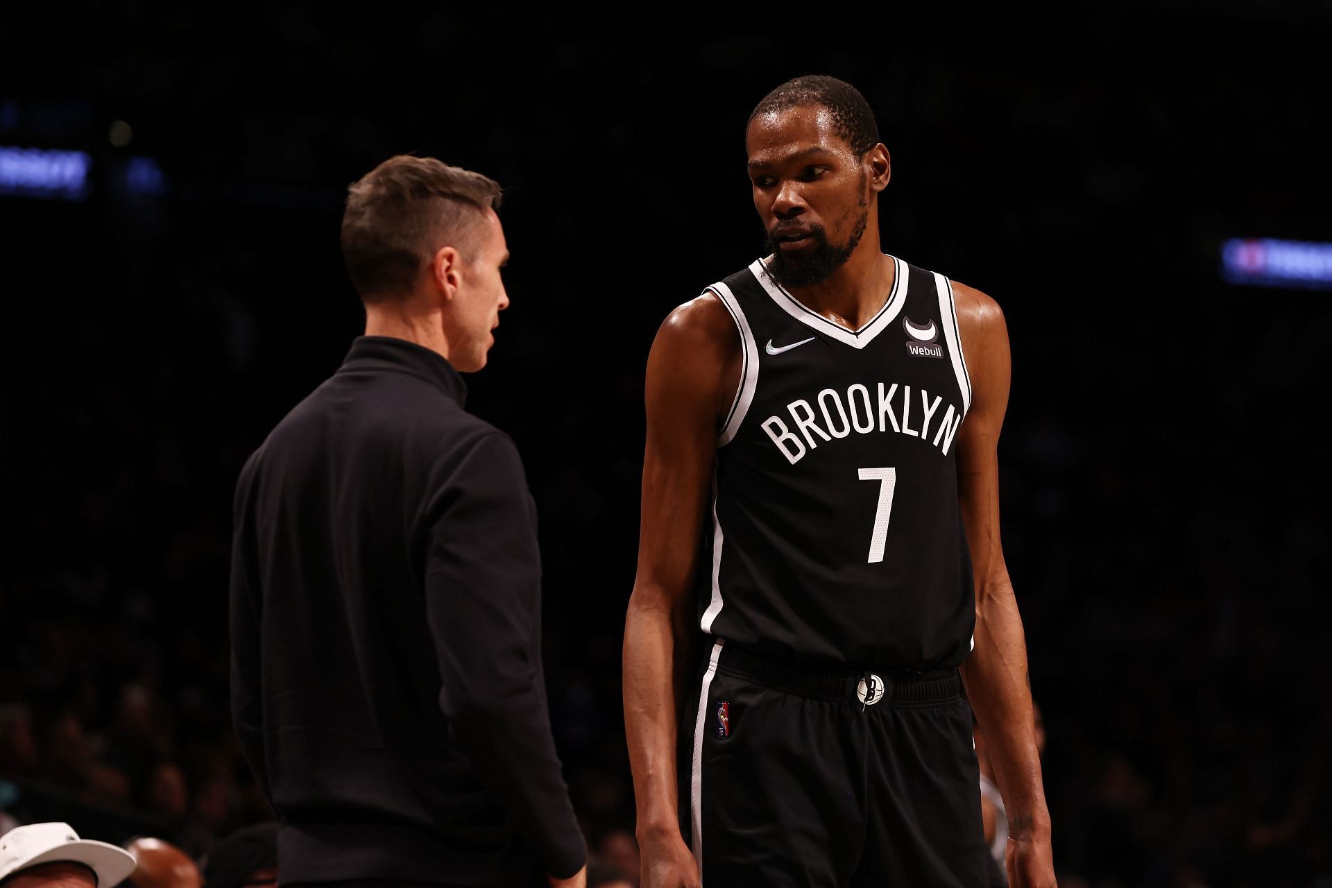 Head Coach Steve Nash and Kevin Durant of the Brooklyn Nets