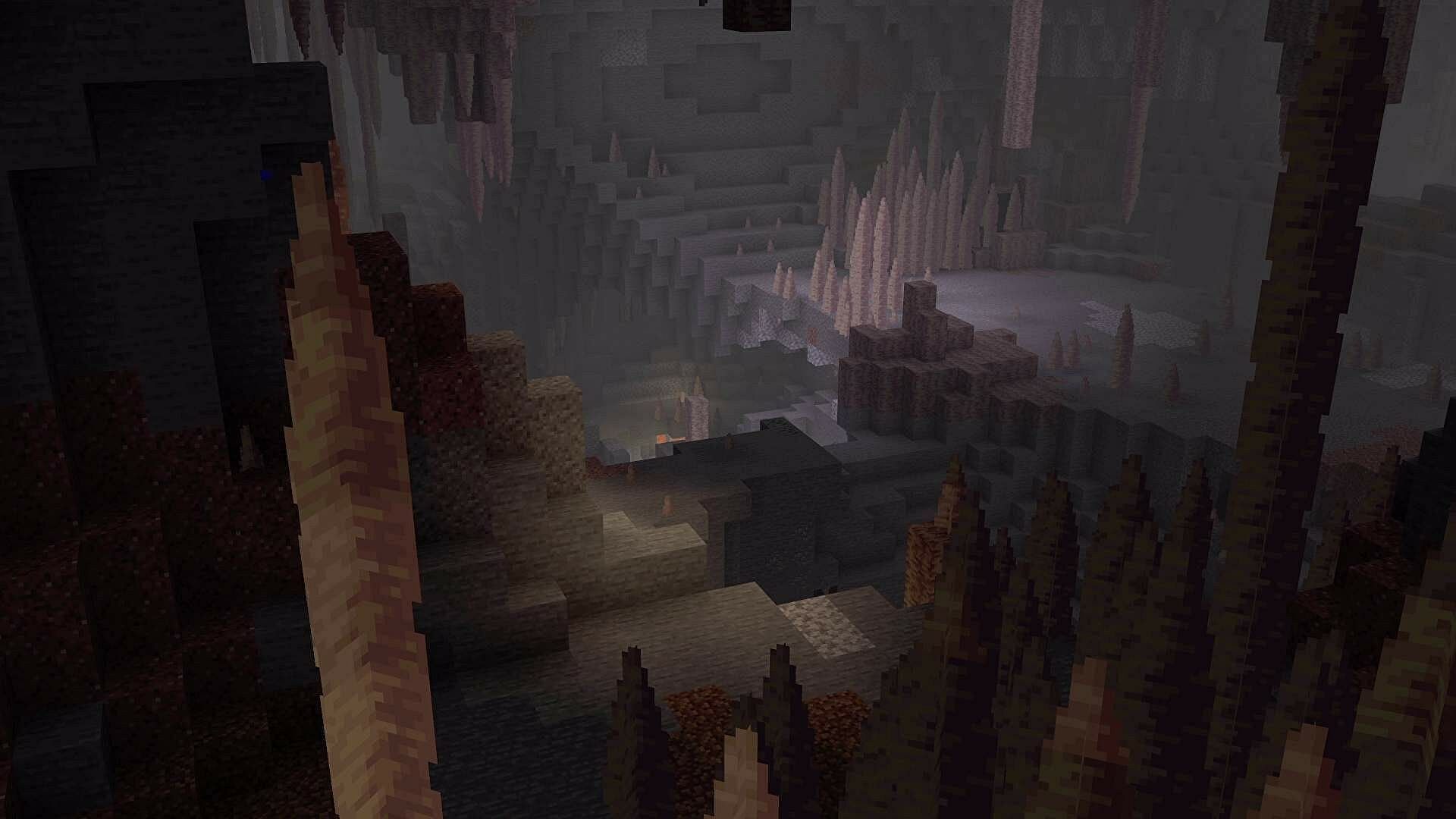 Stalactite blocks rise from above and below in this biome (Image via Mojang)