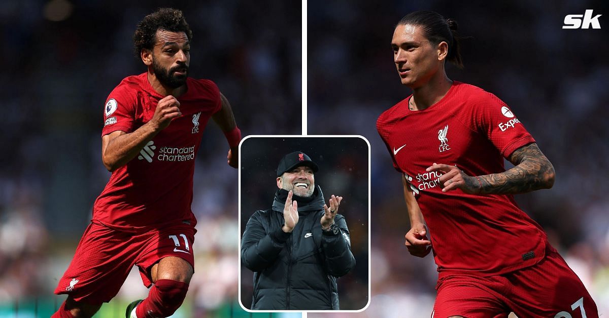 [L-to-R] Mohamed Salah and Darwin Nunez; Liverpool boss Jurgen Klopp.