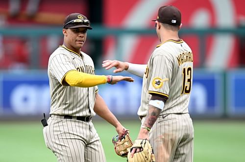 The Padres celebrate a win over the Washington Nationals.