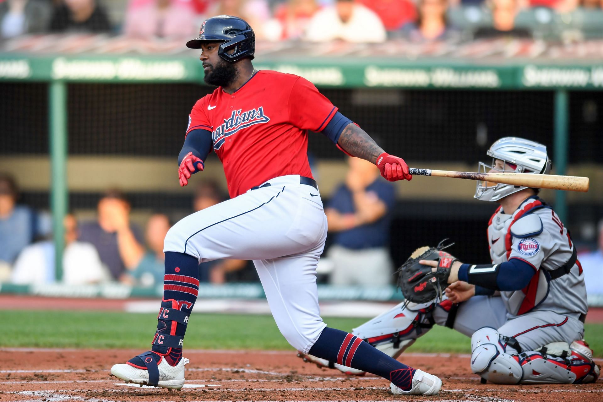 Franmil Reyes hits into a fielder&#039;s choice against the Minnesota Twins at Progressive Field.