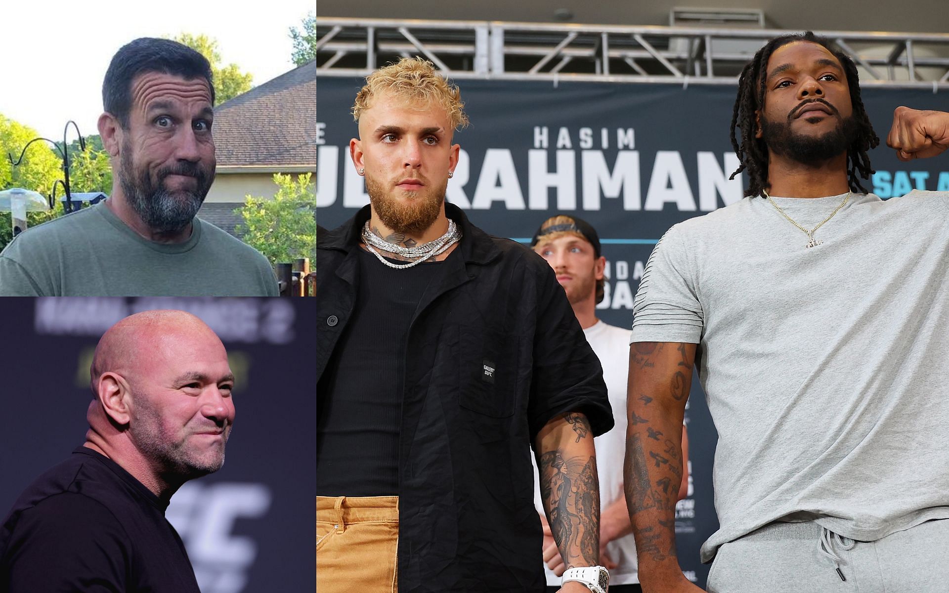 Dana White (bottom left), John McCarthy (top left) (via @johnmccarthymma on Instagram), Jake Paul and Hasim Rahman Jr. (right)