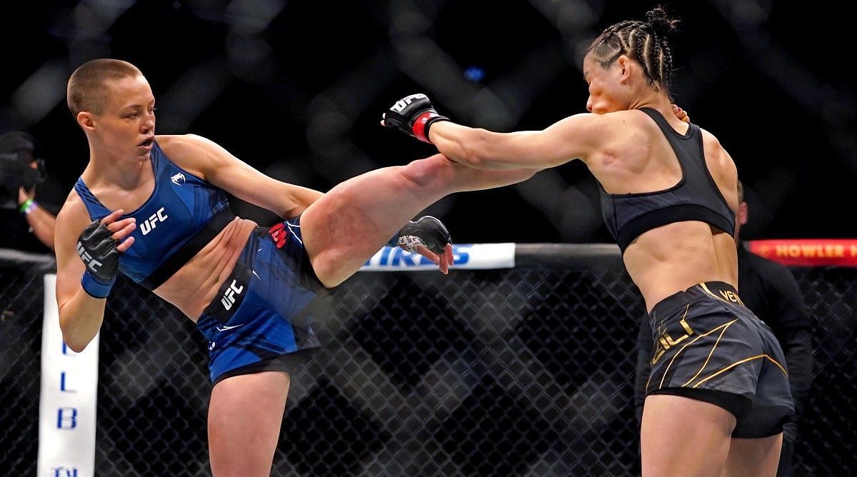 Rose Namajunas used a violent head kick to down strawweight champ Weili Zhang in 2021